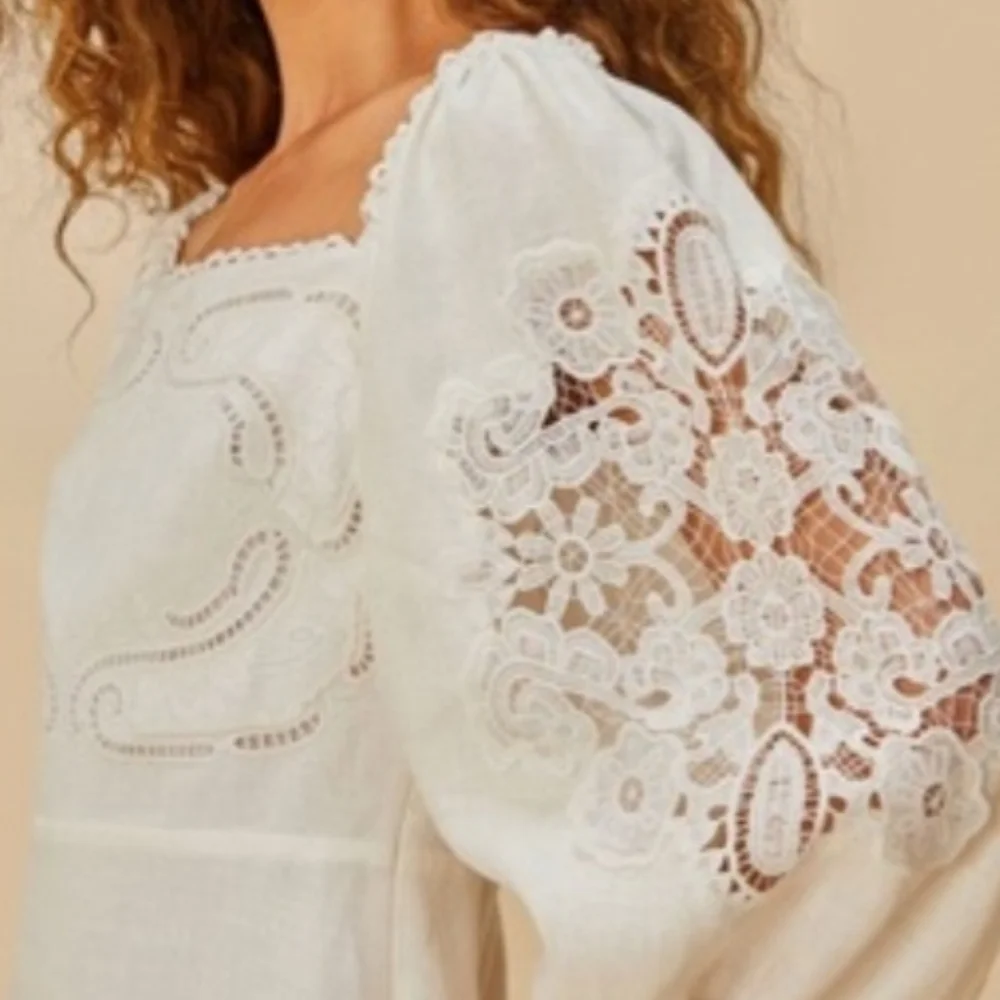 FARM Rio White Eyelet Puff-Sleeve Mini Dress